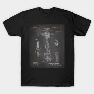 Windmill Patent - Farmer Rancher Country Farmhouse Art - Black Chalkboard T-Shirt